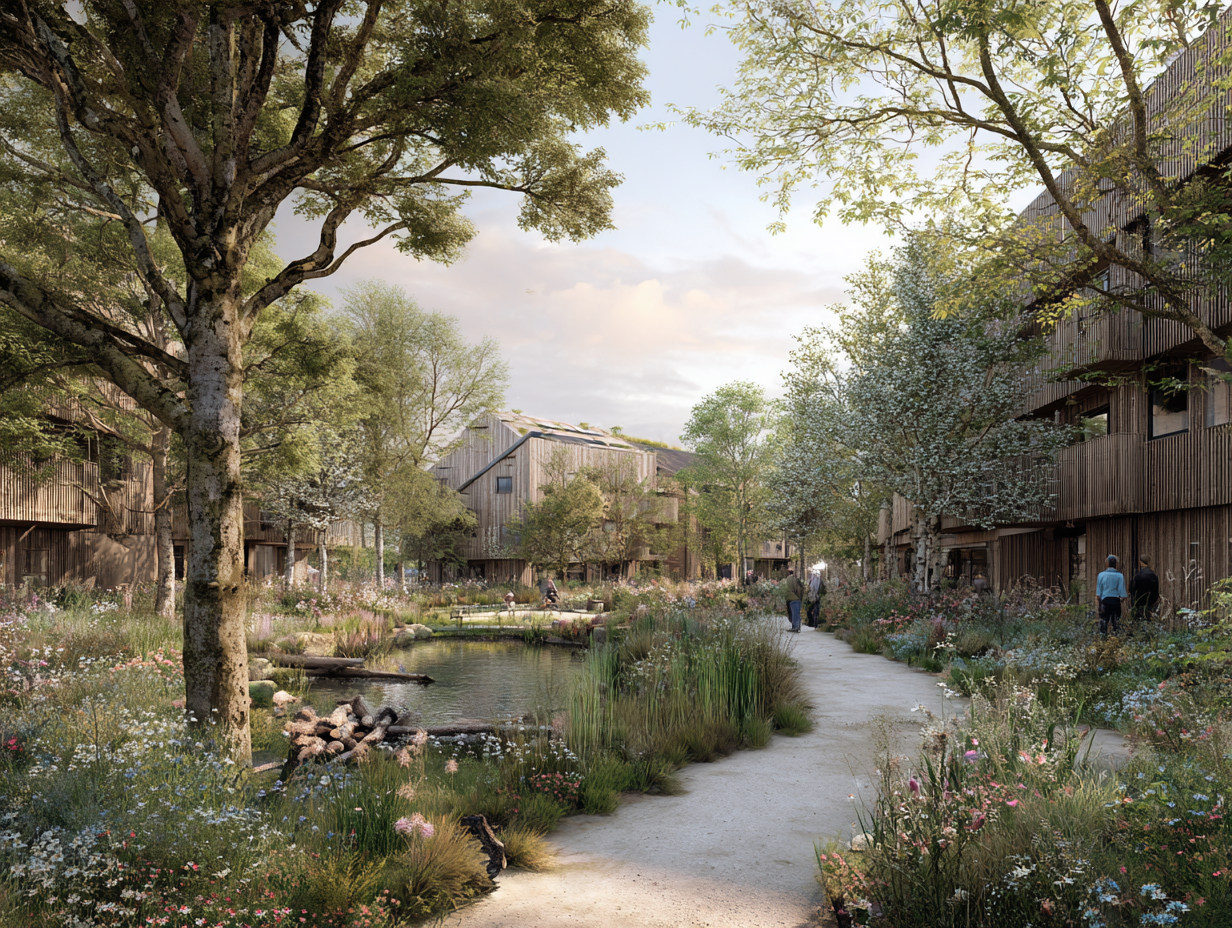 Regenerative residential community with timber buildings, wildflower meadows, and a natural pond, illustrating sustainable regenerative landscape design and biodiversity.