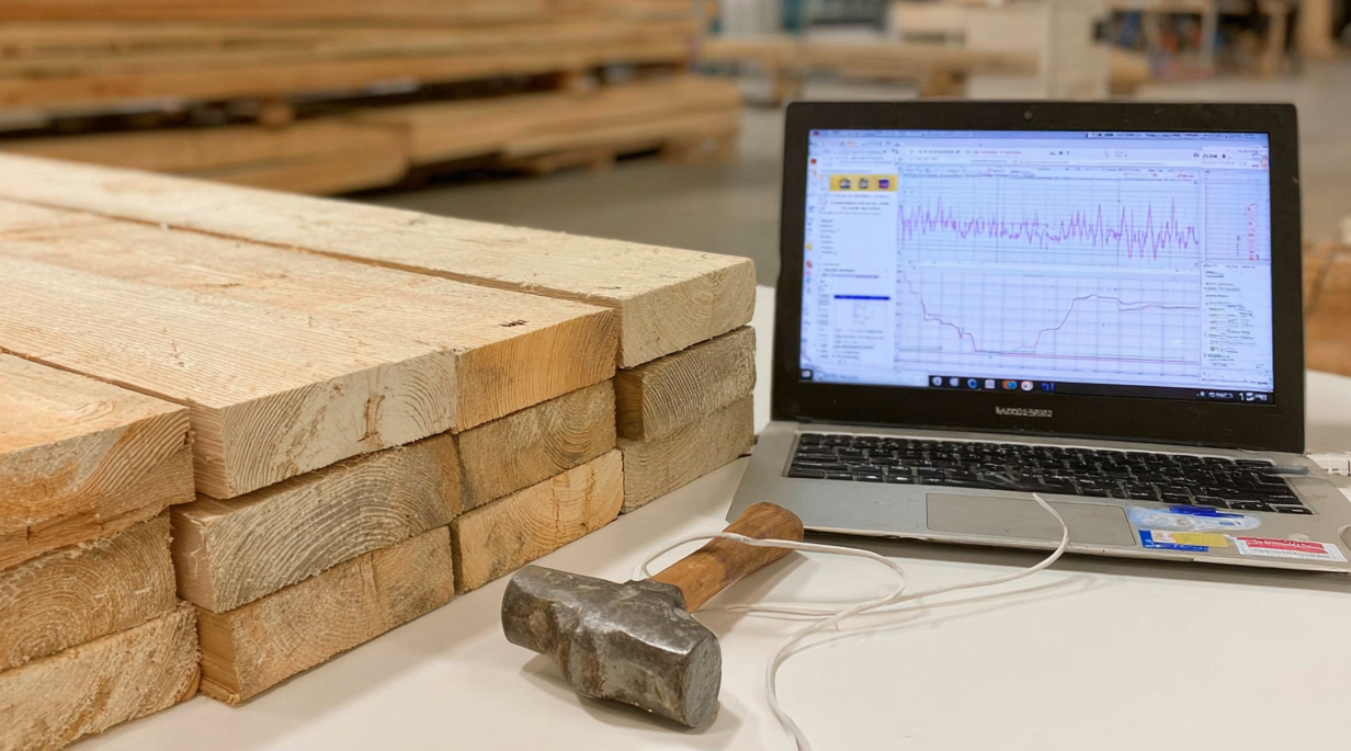 Laptop displaying timber analysis data for evidence-based sustainable engineering design using reclaimed timber.